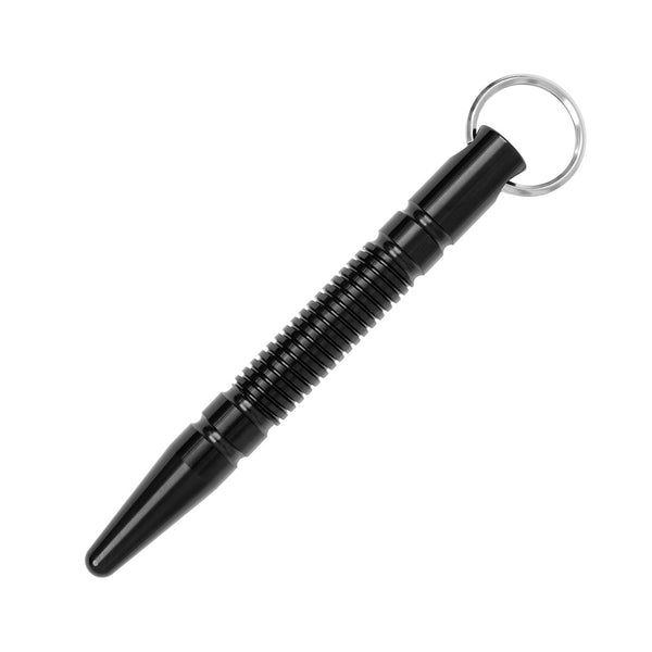 The SMAI Kubotan Silver - Keychain features a black metal body with a ridged center grip, pointed end, and an attached silver keyring. This self-defence tool is shown against a white background.