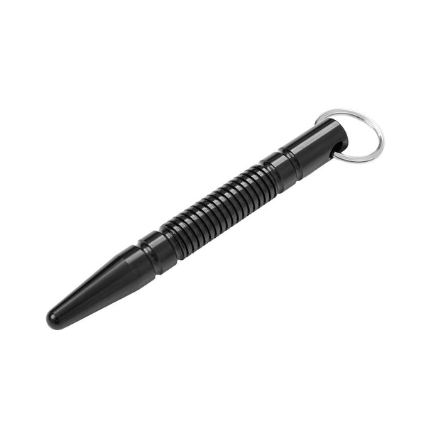 The SMAI Kubotan Silver - Keychain is a black metal self-defence tool with a ridged grip, pointed tip, and attached silver keyring, shown on a white background.