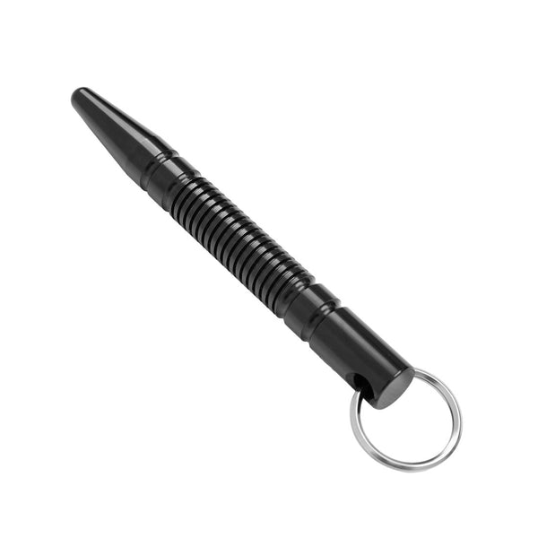The SMAI Kubotan Silver - Keychain is a self-defence tool featuring a pointed tip, grooved grip, and sturdy metal keyring, shown against a white background.