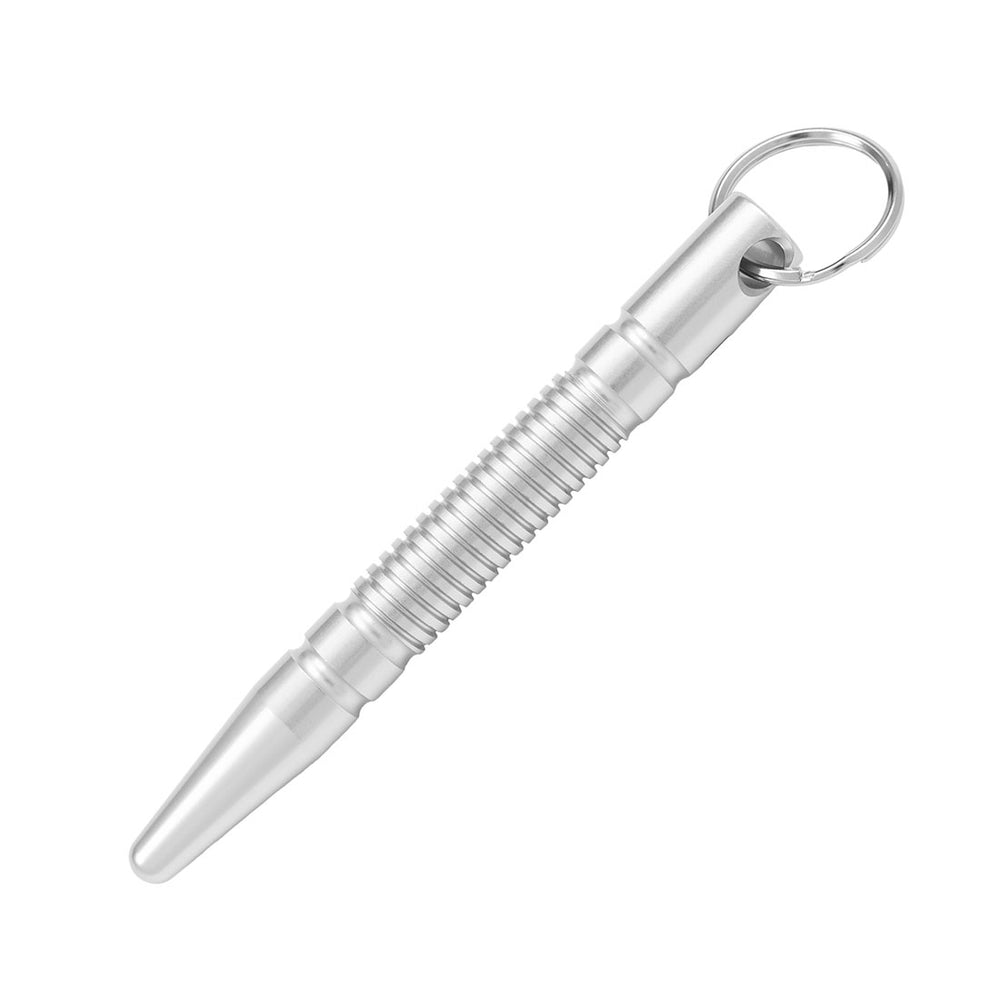 The SMAI Kubotan Silver - Keychain is a metallic, cylindrical self-defence tool with a pointed tip, ridged grip, and keyring attachment, shown isolated on a white background.