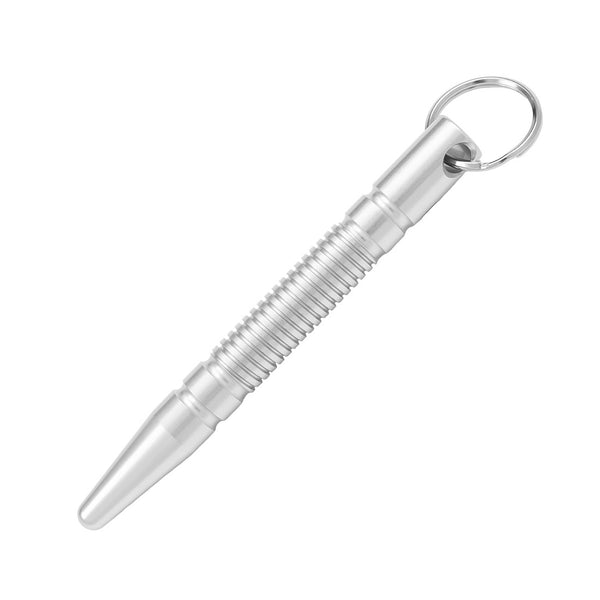 The SMAI Kubotan Silver - Keychain is a metallic, cylindrical self-defence tool with a pointed tip, ridged grip, and keyring attachment, shown isolated on a white background.