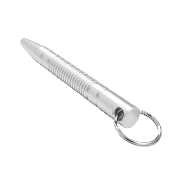 The SMAI Kubotan Silver - Keychain is a silver metal self-defense tool with a ridged grip, pointed tip, and attached keyring, shown on a white background.