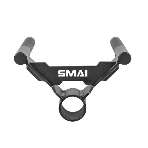 The SMAI Core Trainer / Landmine Parallel Row Handle features black metal construction, two padded grips, a central white "SMAI" logo, and a circular base opening for attaching to barbells or cable machines.