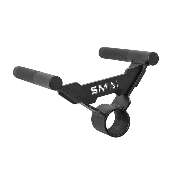 The SMAI Core Trainer / Landmine Parallel Row Handle is a black metal gym attachment with two parallel foam-grip handles and "SMAI" cutout, designed for use as a landmine row or core trainer handle.