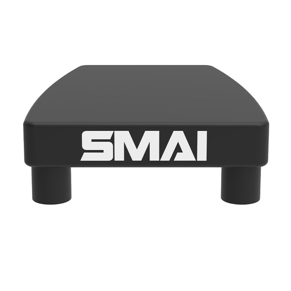 A SMAI Low Row Seat Floor with a rectangular seat, two thick legs, and a logo on the front edge for cable exercises.