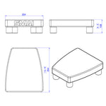 Technical line drawing showing the dimensions and angles of an SMAI Low Row Seat Floor with four short legs.