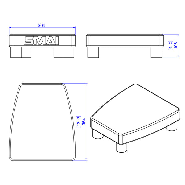 Technical line drawing showing the dimensions and angles of an SMAI Low Row Seat Floor with four short legs.