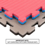 Stacked SMAI Jigsaw EVA Mats (Value Range, 2cm) in red, blue, gray, and brown display textured surfaces and interlocking connector edges—ideal for use as gym flooring or jigsaw mats. A note below reads: “Not compatible with SMAI Premium Mats.”.