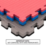 Stacked Jigsaw EVA Mat - Value Range - 3cm SMAI mats by SMAI in red, blue, and gray. Text below reads: “IMPORTANT NOTE: NOT COMPATIBLE WITH SMAI PREMIUM MATS.” Perfect for gym flooring or as versatile jigsaw mats for workout spaces.