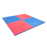 Four SMAI Jigsaw EVA Mat - Value Range - 3cm mats interlock to form a large square in a red and blue checkerboard pattern. Ideal for martial arts flooring, these jigsaw mats are shown on a white background.