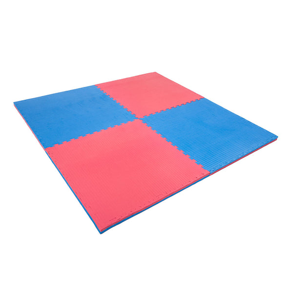 The SMAI Jigsaw EVA Mat - Value Range - 2cm features four interlocking foam tiles in a red and blue checkered pattern—ideal for versatile gym flooring—and is shown on a white background.