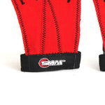 Close-up of the Palm Savers, a pair of red gloves featuring black zigzag stitching and an ergonomic design. Crafted from lycra and cotton, they showcase black cuffs with "SWAT" prominently displayed, blending style with function. Brought to you by Sale Item.