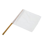 A pristine flag from the SMAI Referee/Judge Flag Set is affixed to a wooden pole against a white background, evoking the design of those used in martial arts tournaments.