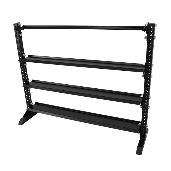 The Vanta Series by SMAI includes the 1.7m Storage Shelf, featuring three flat shelves and one ball shelf crafted from structural steel. Its robust black metal construction offers adjustable shelving for weights or equipment, ensuring both customization and stability with its evenly spaced holes. This makes it an ideal choice for both home and commercial gym environments.