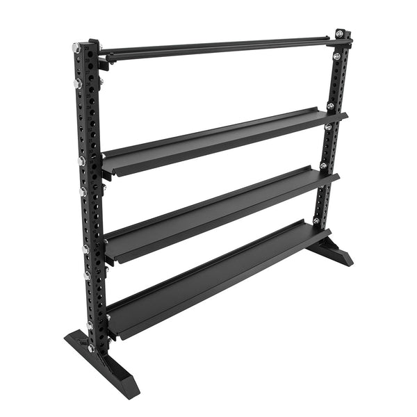 The SMAI Vanta Series 1.7m Storage Shelf is a sleek black metal unit featuring three flat tiers and one ball shelf, expertly crafted from structural steel for exceptional durability. Its adjustable height settings and robust frame make it ideal for organizing and storing weights, prominently displayed against a plain white background.