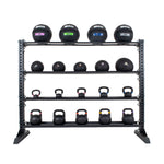 from on view of Gym storage rack with gym equipment on it