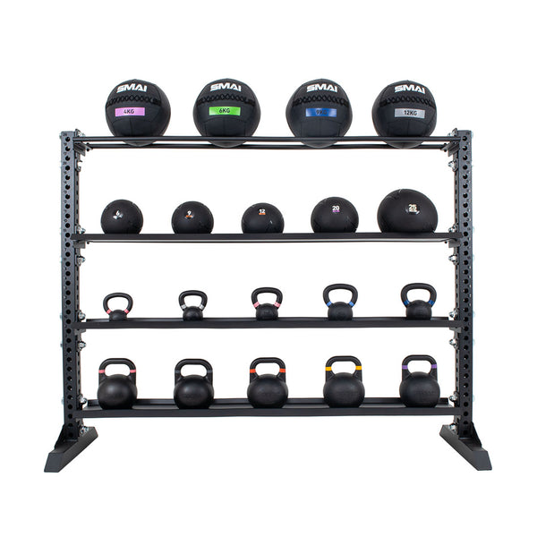 from on view of Gym storage rack with gym equipment on it