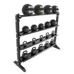 Gym storage rack with gym equipment on it