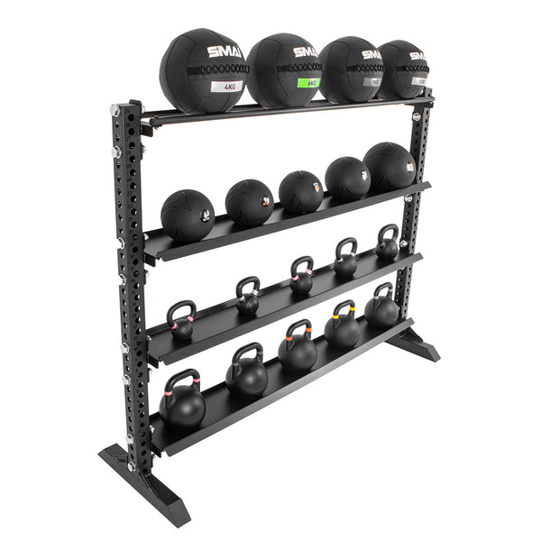 Gym storage rack with gym equipment on it
