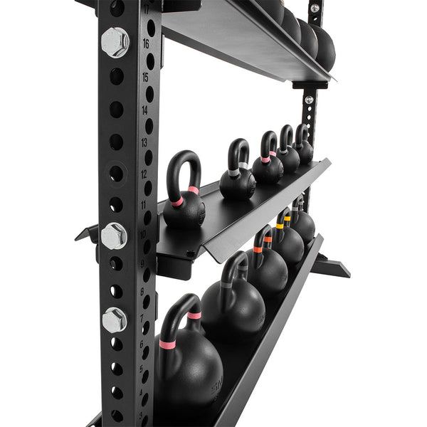 side view of Gym storage rack with gym equipment on it