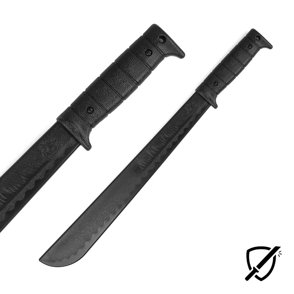 The SMAI "Machete - Unbreakable" is depicted as a versatile martial arts tool in black, highlighted by its textured handle. It is showcased from two angles: a close-up of the wide blade and a full side view. The machete features an unbreakable polypropylene structure and a sleek matte finish, with a small sword and shield logo positioned in the bottom right corner of the blade.