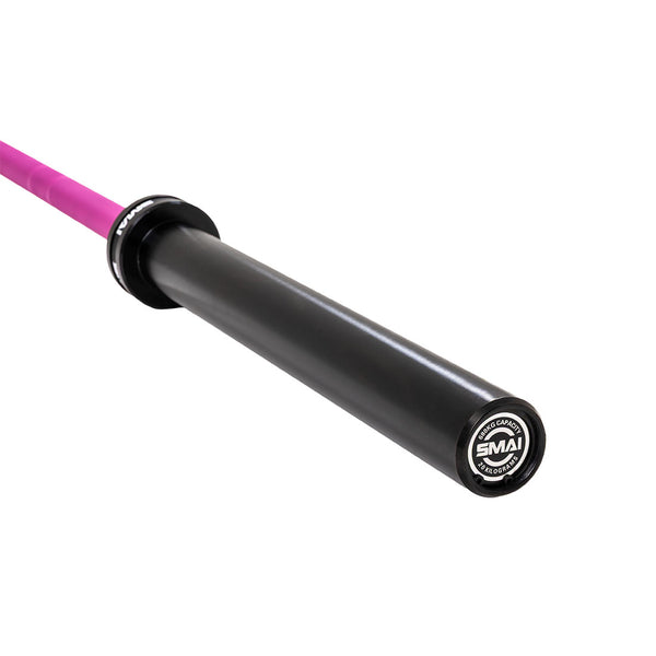Close-up of the SMAI Barbell - Magenta Ceramic Coat - 20kg, showing its black rust-resistant sleeve with "SMAI" branding and "High Grade Barbell" on the end cap, paired with a striking magenta shaft.