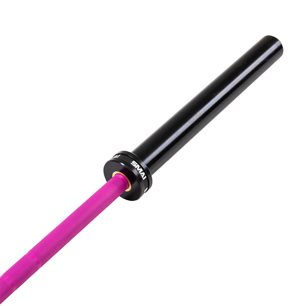 A close-up of the SMAI Barbell - Magenta Ceramic Coat - 20kg, featuring a bright pink shaft and black sleeve, photographed against a white background.