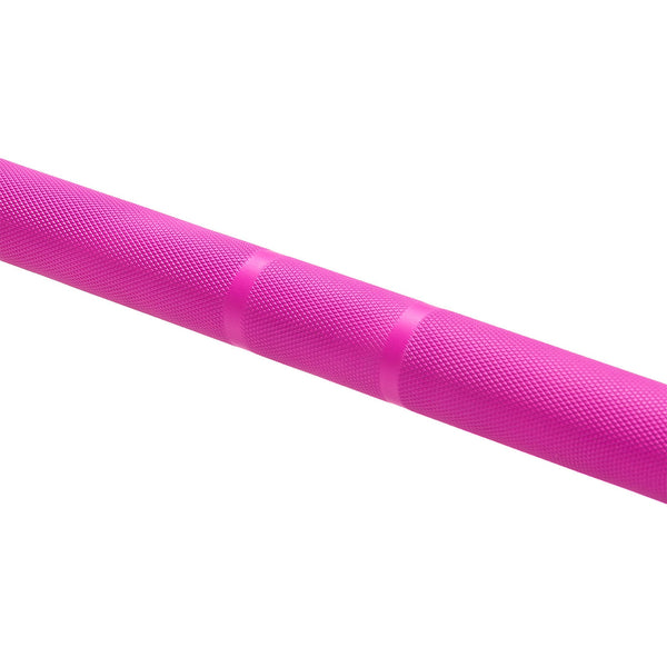 A close-up of the SMAI Barbell - Magenta Ceramic Coat - 15kg shows its knurled grip and smooth center band on a white background.
