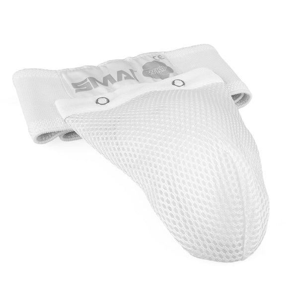The SMAI Male Groin Guard - Mesh - WKF Approved features a wide logoed elastic waistband, secure metal snaps, and a mesh cup for sports safety. Ideal as a junior WKF-approved groin guard.
