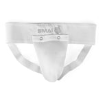 The SMAI Male Groin Guard - Mesh is a WKF approved, white karate groin protector with an elastic waistband, mesh pouch, and straps for reliable sports protection.