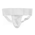 The SMAI Male Groin Guard - Mesh is a WKF approved white jockstrap with a wide elastic waistband, shown on a plain white background—perfect for karate athletes seeking certified protection.