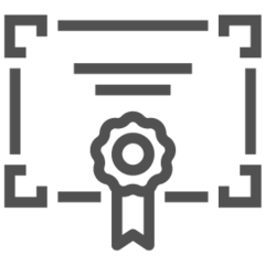 Icon of a certificate with a ribbon. The certificate has a rectangular shape with a ribbon seal at the bottom center, representing achievement or authenticity.