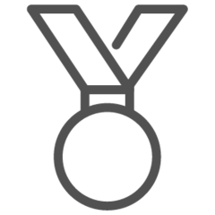 A simple gray icon of a medal with a circular center and two ribbon-like extensions at the top.