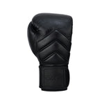 The Memory Tec Leather Boxing Glove - Black by SMAI features black cowhide leather, chevron-style stitching, a Velcro wrist strap with the "SMAI" brand, and is shown upright on a white background.