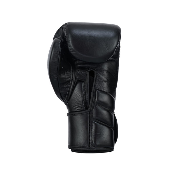 The SMAI Memory Tec Leather Boxing Glove in black is shown upright against a white background, palm facing left, highlighting detailed stitching and leather contours.