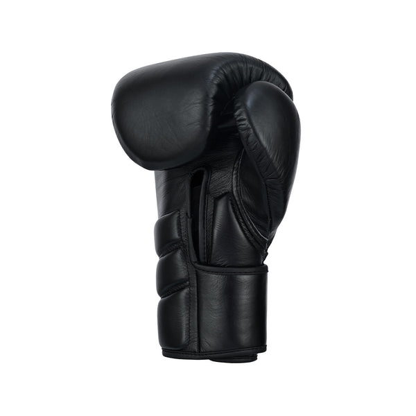The SMAI Memory Tec Leather Boxing Glove in black, made from cowhide leather, is displayed upright against a plain white background.