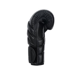 The SMAI Memory Tec Leather Boxing Glove in black stands upright on a white background, viewed from the side with the thumb forward and wrist strap visible.