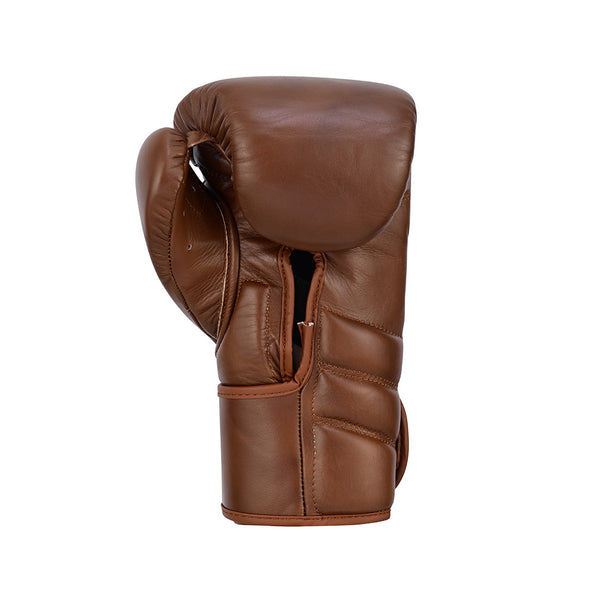 The SMAI Memory Tec Leather Boxing Glove in Antique Brown stands upright on a white background, displaying its palm side, visible stitching, cowhide texture, and detailed padding.