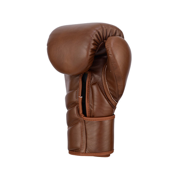 The SMAI Memory Tec Leather Boxing Glove in antique brown is shown upright against a white background, featuring a tucked-in thumb and an open wrist area.