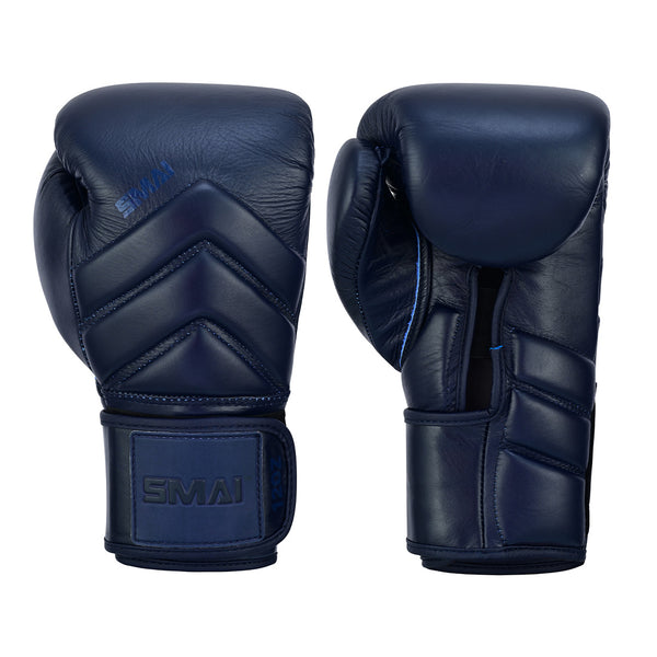 Two SMAI Memory Tec Leather Boxing Gloves in navy blue are shown upright, one palm out and one palm in, highlighting their detailed stitching, padded wrist support, and advanced Memory Tec foam for superior protection.