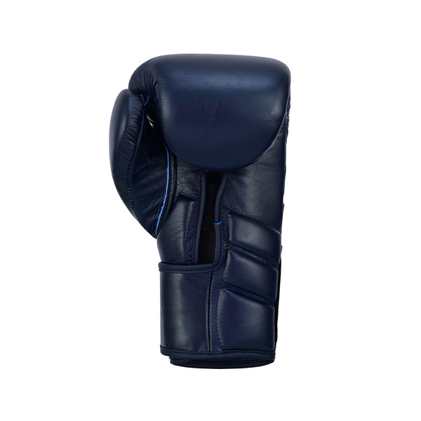 The SMAI Memory Tec Leather Boxing Glove in navy blue is displayed upright against a plain white background.