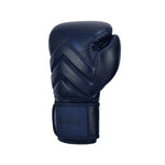 The SMAI Memory Tec Leather Boxing Glove in navy blue features premium cowhide leather, a Velcro strap, and chevron stitching, shown against a plain white background.