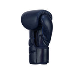 A single SMAI Memory Tec Leather Boxing Glove in navy blue, made from premium cowhide leather, is displayed upright against a plain white background.