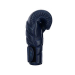 The SMAI Memory Tec Leather Boxing Glove in navy blue stands upright on a white background, its thumb curled inward and Velcro wrist strap visible, highlighting premium cowhide leather craftsmanship.