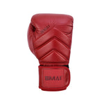 The SMAI Memory Tec Leather Boxing Glove in Crimson Red, crafted from premium cowhide with visible stitching, Memory Tech padding, and a branded wrist strap, is shown against a plain white background.