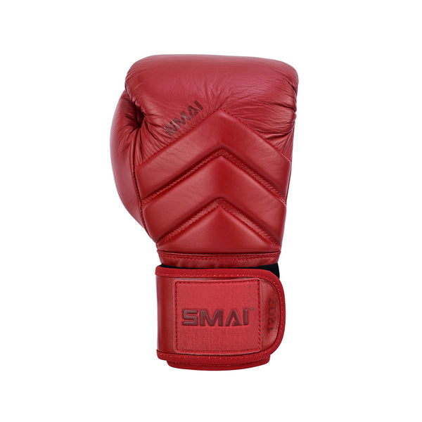 The SMAI Memory Tec Leather Boxing Glove in Crimson Red, crafted from premium cowhide with visible stitching, Memory Tech padding, and a branded wrist strap, is shown against a plain white background.