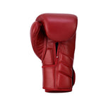 The SMAI Memory Tec Leather Boxing Glove - Crimson Red, made from premium cowhide and featuring Memory Tech foam, stands upright against a plain white background.