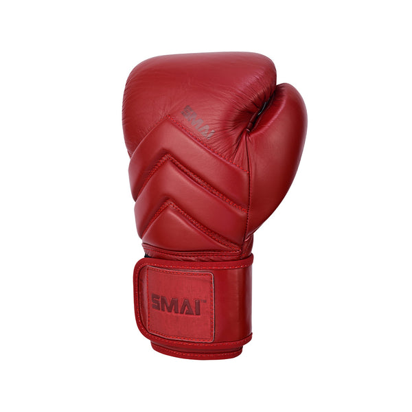 The SMAI Memory Tec Leather Boxing Glove in Crimson Red features cowhide leather, visible stitching, Memory Tech foam for comfort, and a padded wrist strap, shown against a white background.