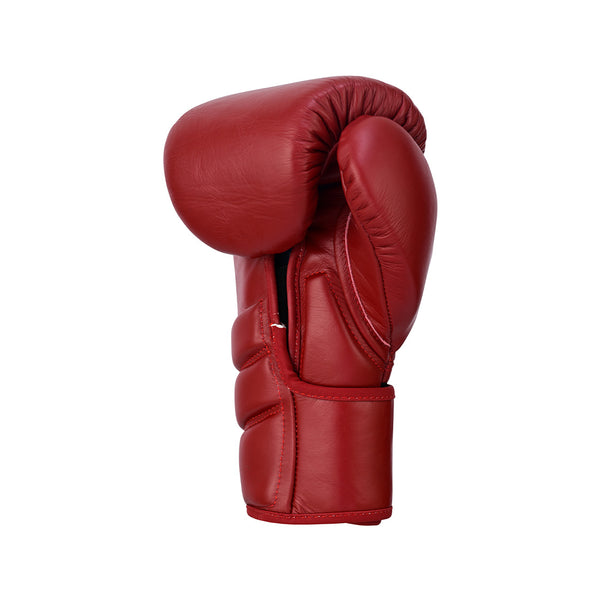 The SMAI Memory Tec Leather Boxing Glove in Crimson Red is shown upright with the thumb facing forward, isolated on a white background.