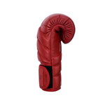 The SMAI Memory Tec Leather Boxing Glove - Crimson Red is a single cowhide leather glove with a curled, padded top and black velcro strap featuring Memory Tech foam, shown upright against a white background.